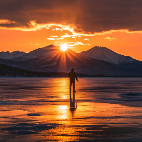 Fisher on Frozen Lake at Sunset