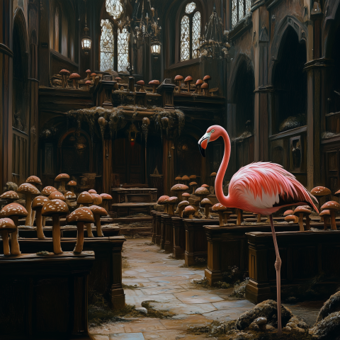 Flamingo Among Mushrooms in Gothic Hall