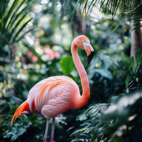 Flamingo Standing in Lush Tropical Foliage