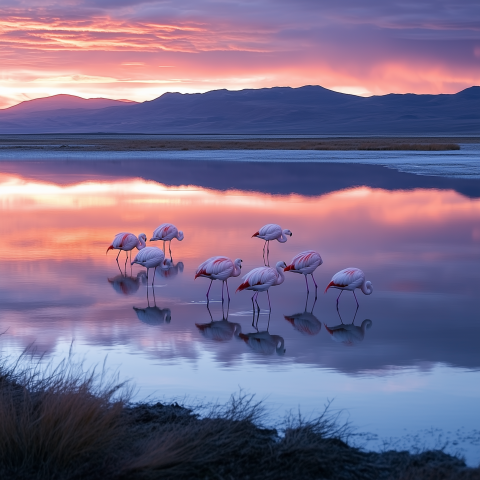 Flamingos Feeding in Colorful Sunset Lake