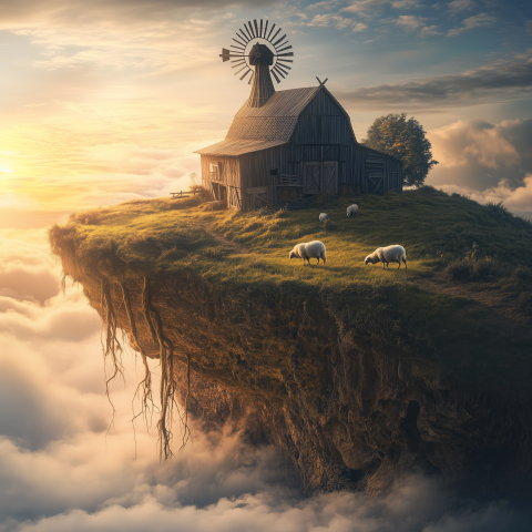 Floating Barn Island in a Sky of Clouds