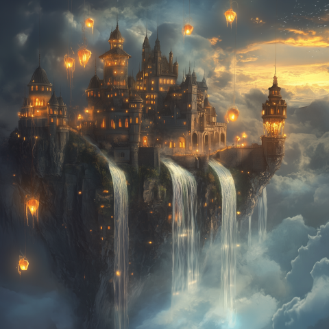 Floating Castle with Waterfalls in Clouds
