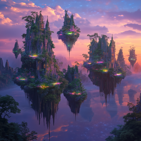 Floating Fantasy Islands at Sunset