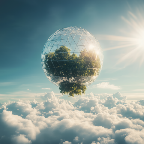 Floating Glass Biosphere Above the Clouds
