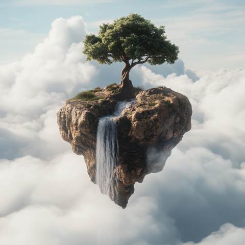 Floating Island with Tree and Waterfall