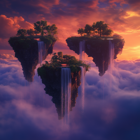Floating Islands with Waterfalls at Sunset