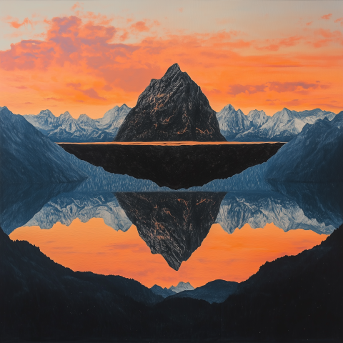 Floating Mountain Above Reflective Lake at Sunrise
