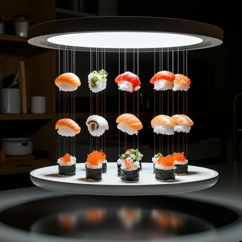Floating Sushi Display in Modern Kitchen