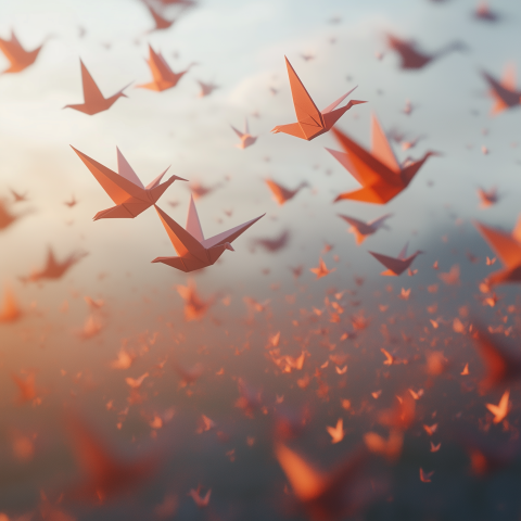 Flock of Origami Cranes in the Sky