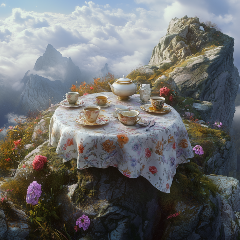 Floral Tea Party Set Atop Mountain Peak