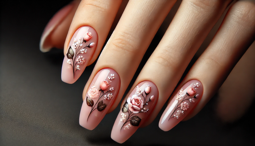 Floral-Themed Nails with Roses and Petals