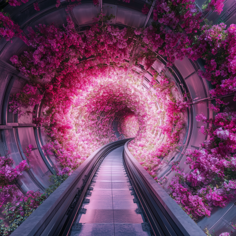 Flower Tunnel Along Futuristic Rail Path