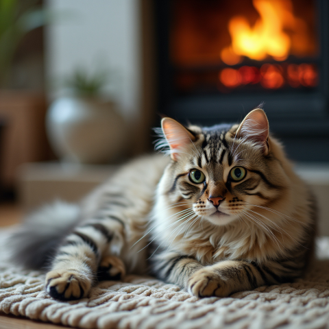 Fluffy Cat Relaxing by a Cozy Fireplace