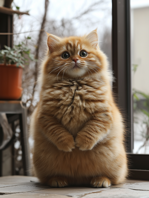 Fluffy Orange Cat Sitting Upright Indoors