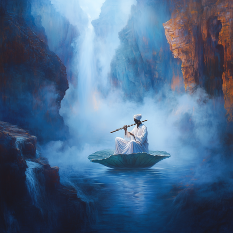 Flute Player Floating on Lotus Leaf