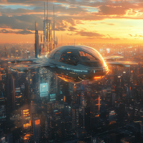 Flying Vehicle Over Futuristic Skyline at Sunset