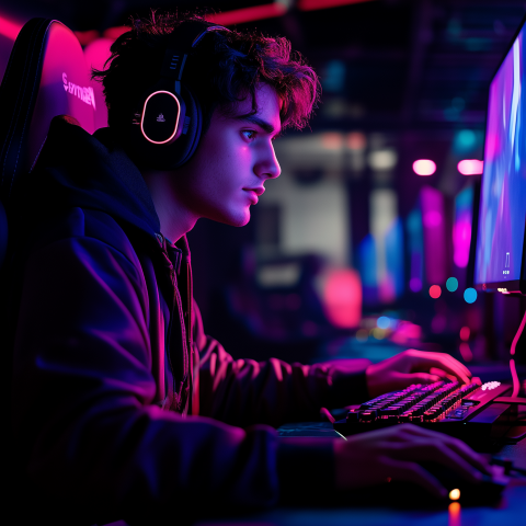 Focused Gamer at Neon-Lit Esports Setup