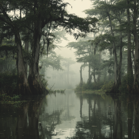 Foggy Cypress Swamp Forest Scene