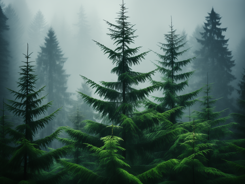 Foggy Forest of Evergreen Trees