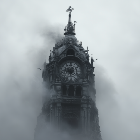 Foggy Gothic Clock Tower With Skulls