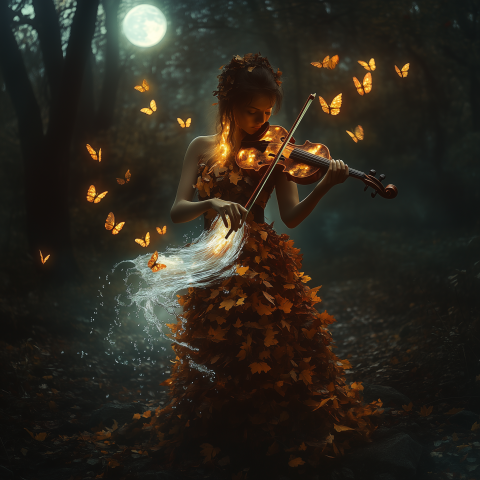 Forest Violinist Surrounded by Glowing Butterflies
