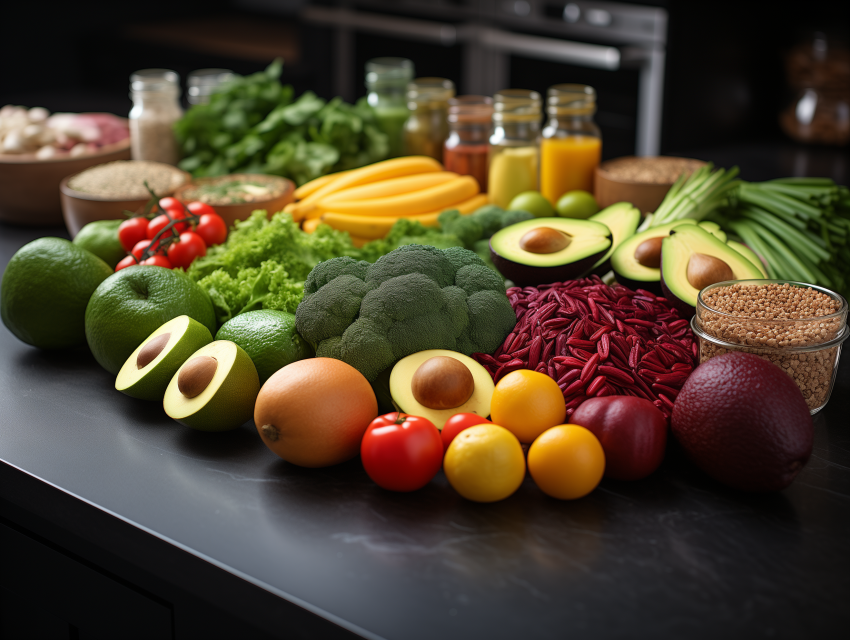 Fresh Avocados, Vegetables, and Grains on Counter