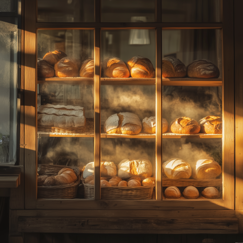 Fresh Bread in Bakery Window at Sunrise