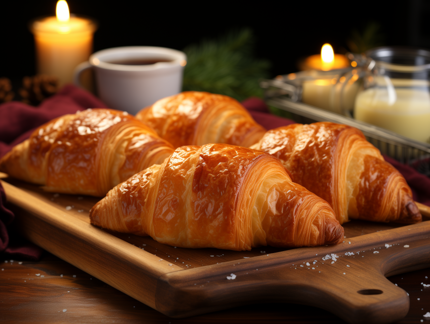 Fresh Croissants on Wooden Serving Board