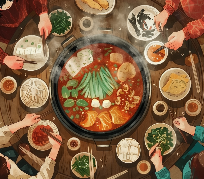 Friends gathered around a bubbling hot pot