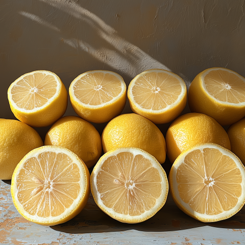 Fresh Lemons Halved and Whole on Rustic Surface