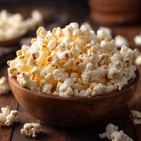 Fresh Popcorn in Wooden Bowl