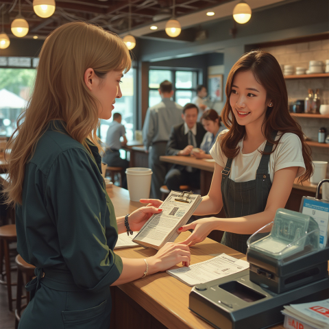 Friendly Cashier Assisting Customer in Café