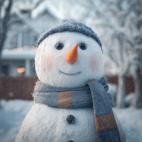 Friendly Snowman in Snowy Garden