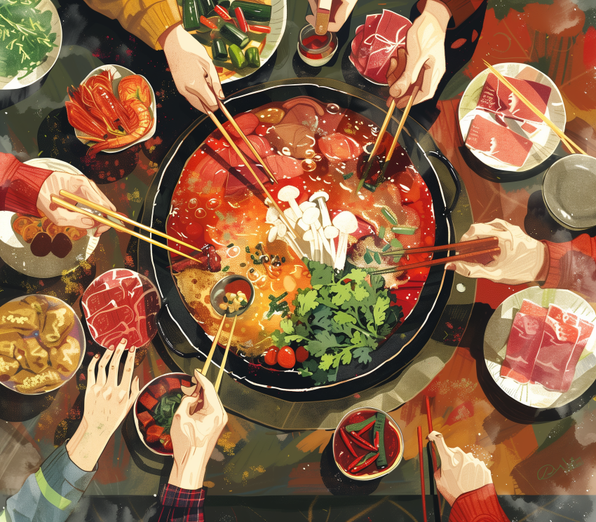 Friends gathered around a bubbling hot pot