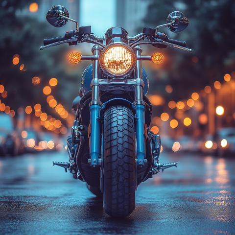 Front View of Motorcycle on Wet City Street