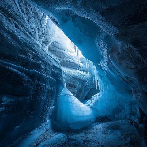 Frozen Blue Ice Cave with Icicles