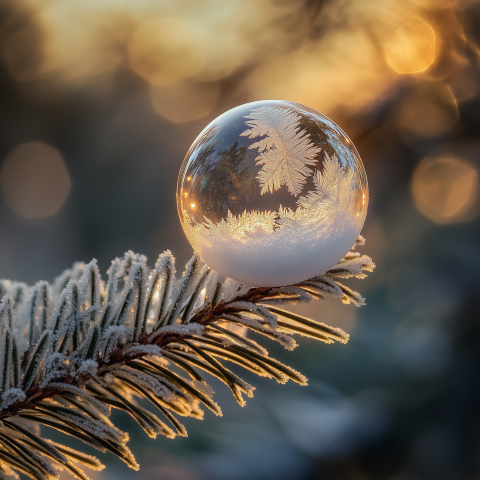 Frozen Bubble Resting on Snowy Pine Branch