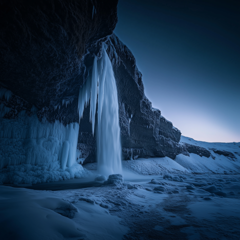 Frozen Waterfall in Icy Winter Landscape