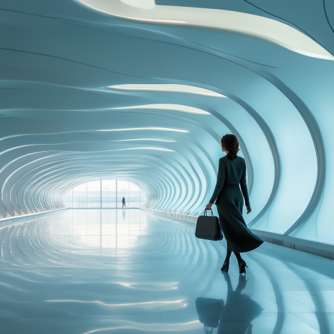 Futuristic Airport Tunnel with Businesswoman