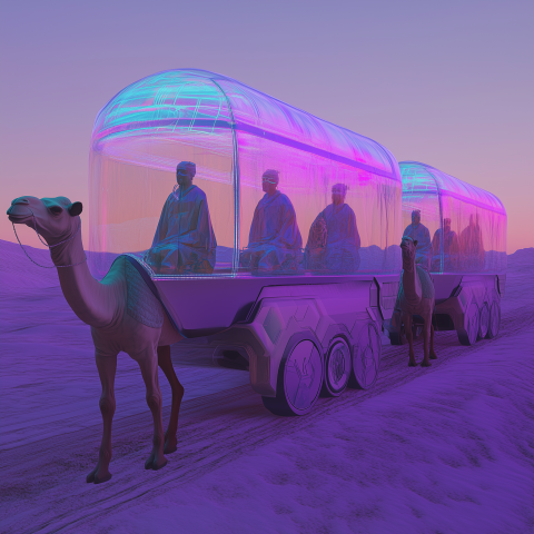 Futuristic Camel Caravan in Neon Desert