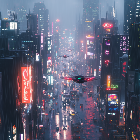 Futuristic Cityscape with Flying Cars at Night