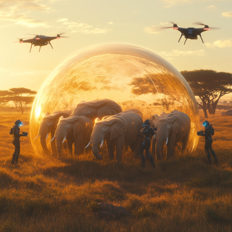 Futuristic Conservationists Shielding Elephants