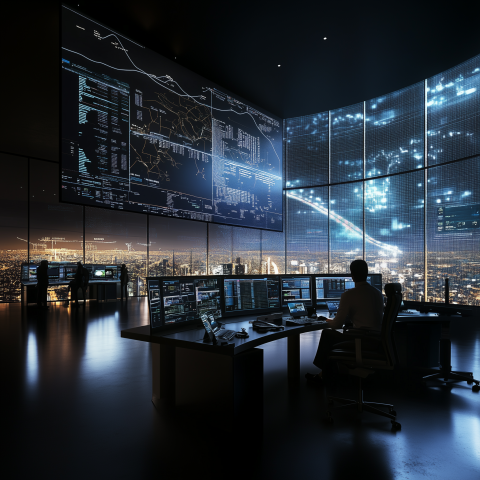 Futuristic Control Room Overlooking Cityscape