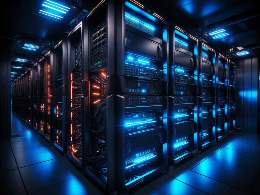 Futuristic Data Center with Blue and Orange Lights