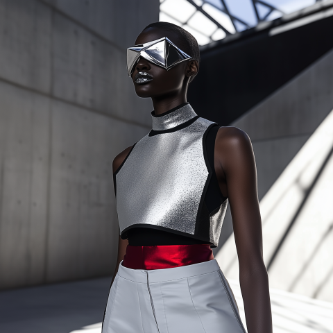 Futuristic Fashion Model in Metallic Ensemble