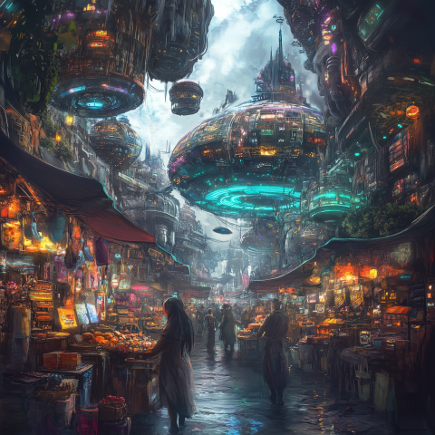Futuristic Floating Market with Neon Lights
