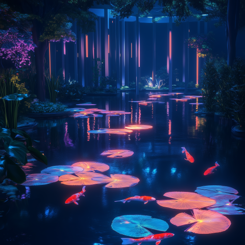 Futuristic Garden with Glowing Lilies and Koi