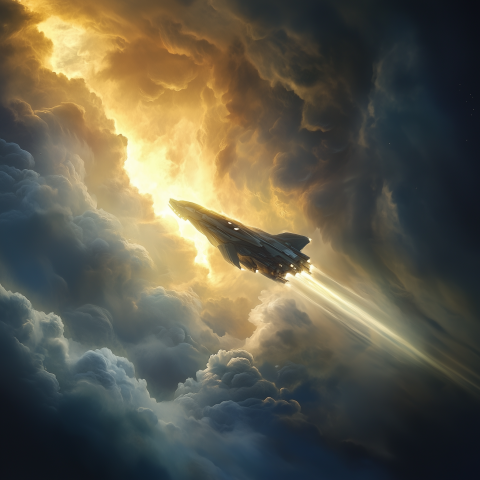 Futuristic Jet Ascending Through Storm Clouds