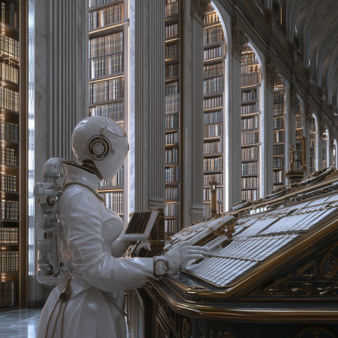 Futuristic Librarian Robot in Ornate Archive