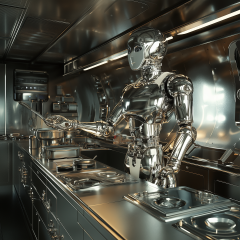 Futuristic Robot Chef in Metallic Kitchen